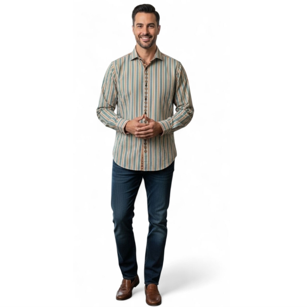 Robert Graham Designer Luxury Office Preppy Striped Boho Embroidered Shirt - Men